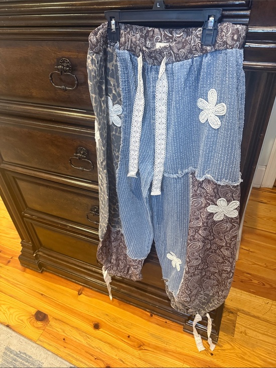 POL Pants - POL Patchwork Boho Drawstring Pants in Blue and Brown. NWOT